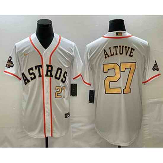 Men's Houston Astros #27 Jose Altuve Number 2023 White Gold World Serise Champions Patch Cool Base Stitched Jerseys